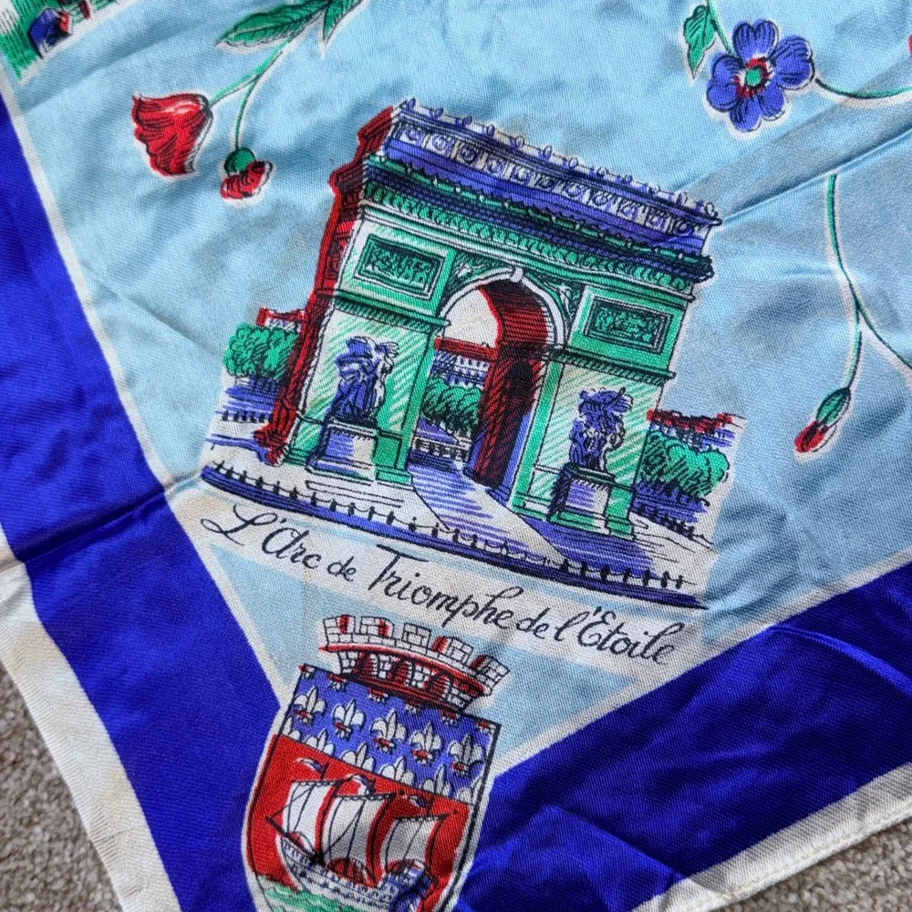 Vintage Souvenir de Paris Scarf Blue Eiffel Tower Notre Dame Landmarks
